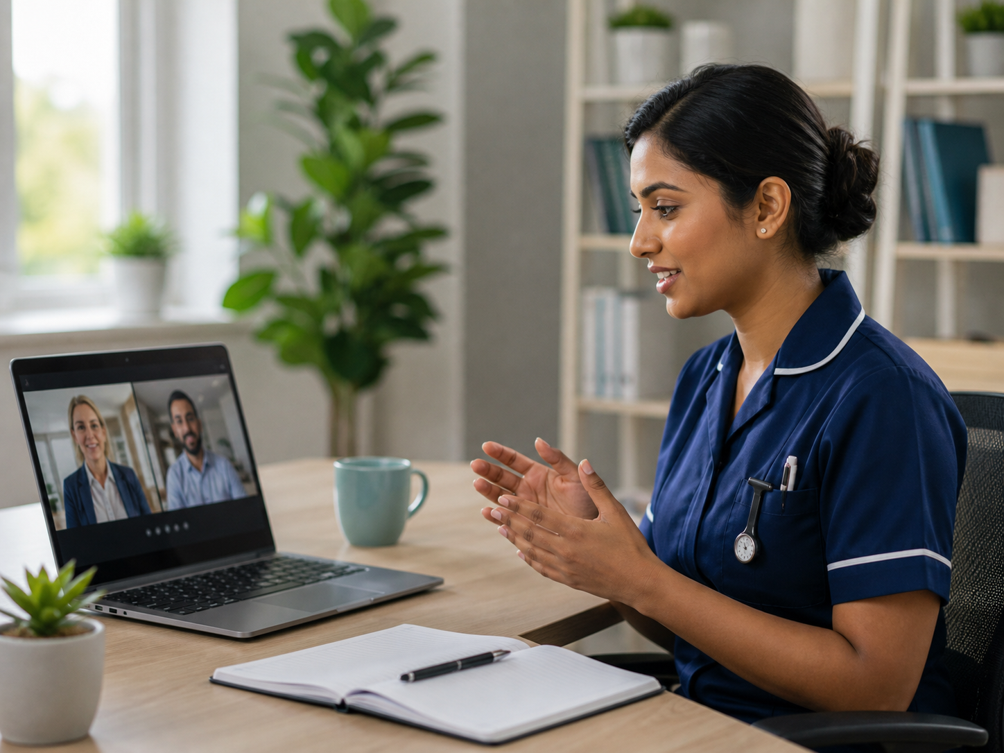 A nurse in a mock video interview with two panellists on a laptop, taking notes