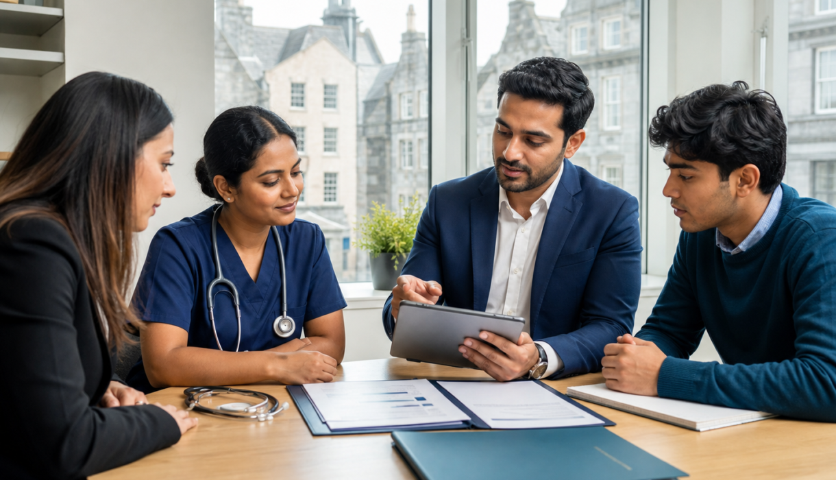 An Alfordz International adviser guiding a nurse and two clients through their options, with Aberdeen's historic buildings visible through the window
