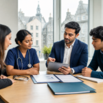 An Alfordz International adviser guiding a nurse and two clients through their options, with Aberdeen's historic buildings visible through the window