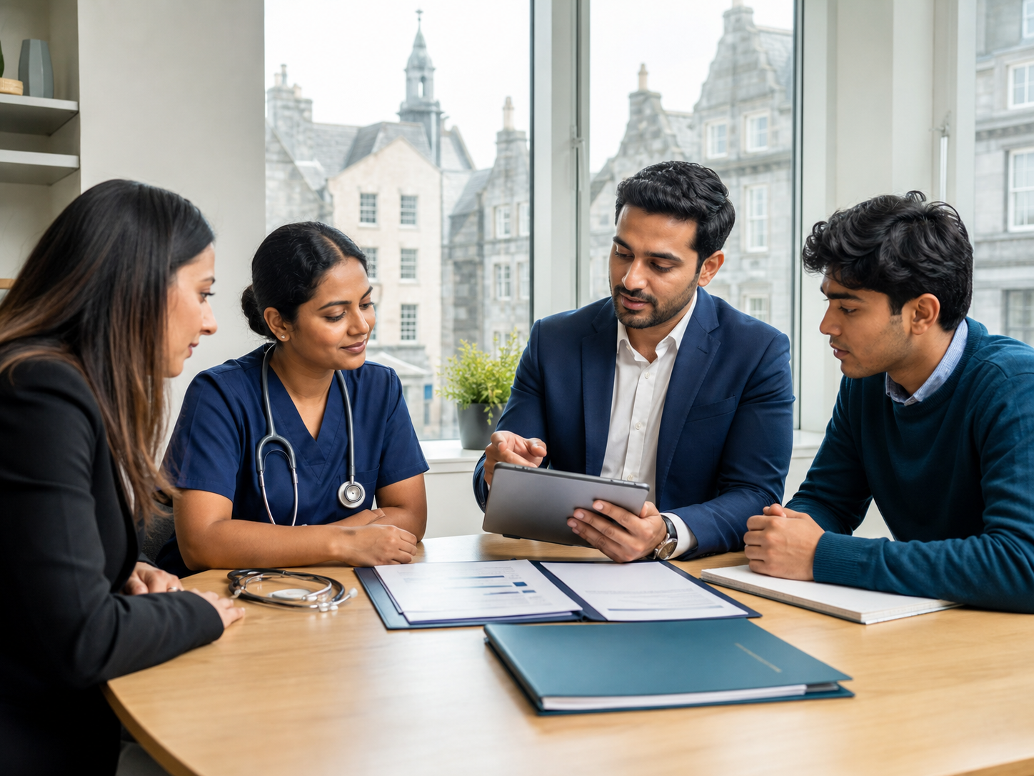 An Alfordz International adviser guiding a nurse and two clients through their options, with Aberdeen's historic buildings visible through the window