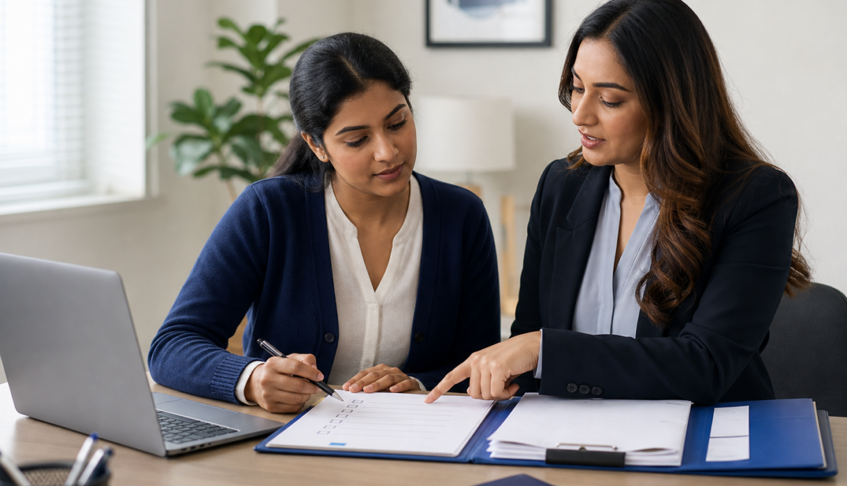 An Alfordz adviser going through a visa document checklist with a client, folder and passport on the desk