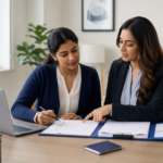 An Alfordz adviser going through a visa document checklist with a client, folder and passport on the desk