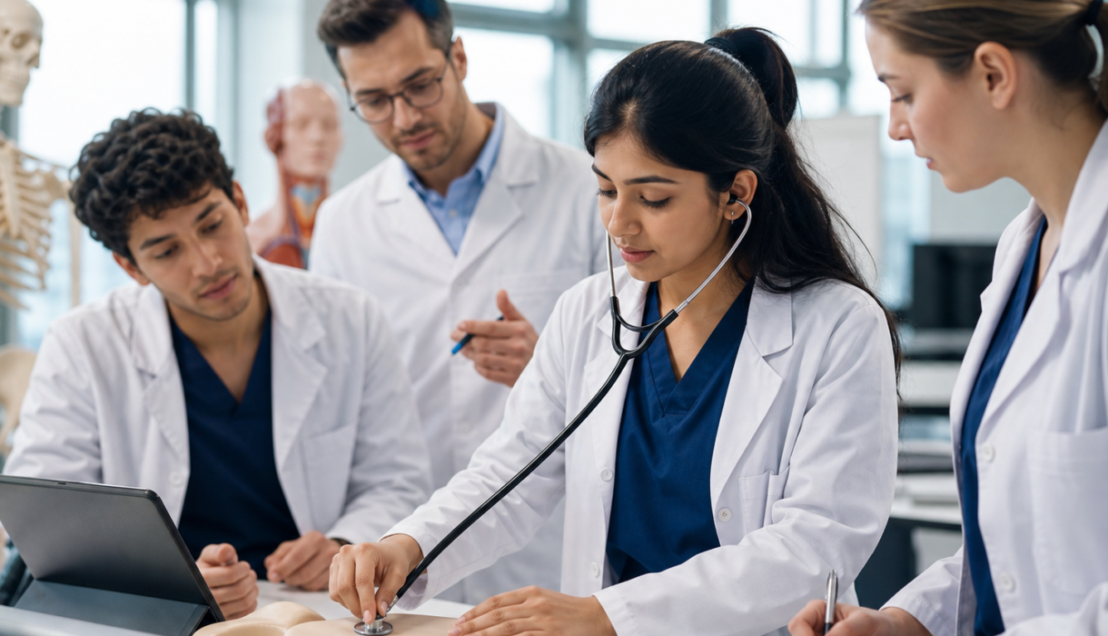 Medical students practising clinical examination skills in a university lab