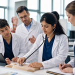 Medical students practising clinical examination skills in a university lab