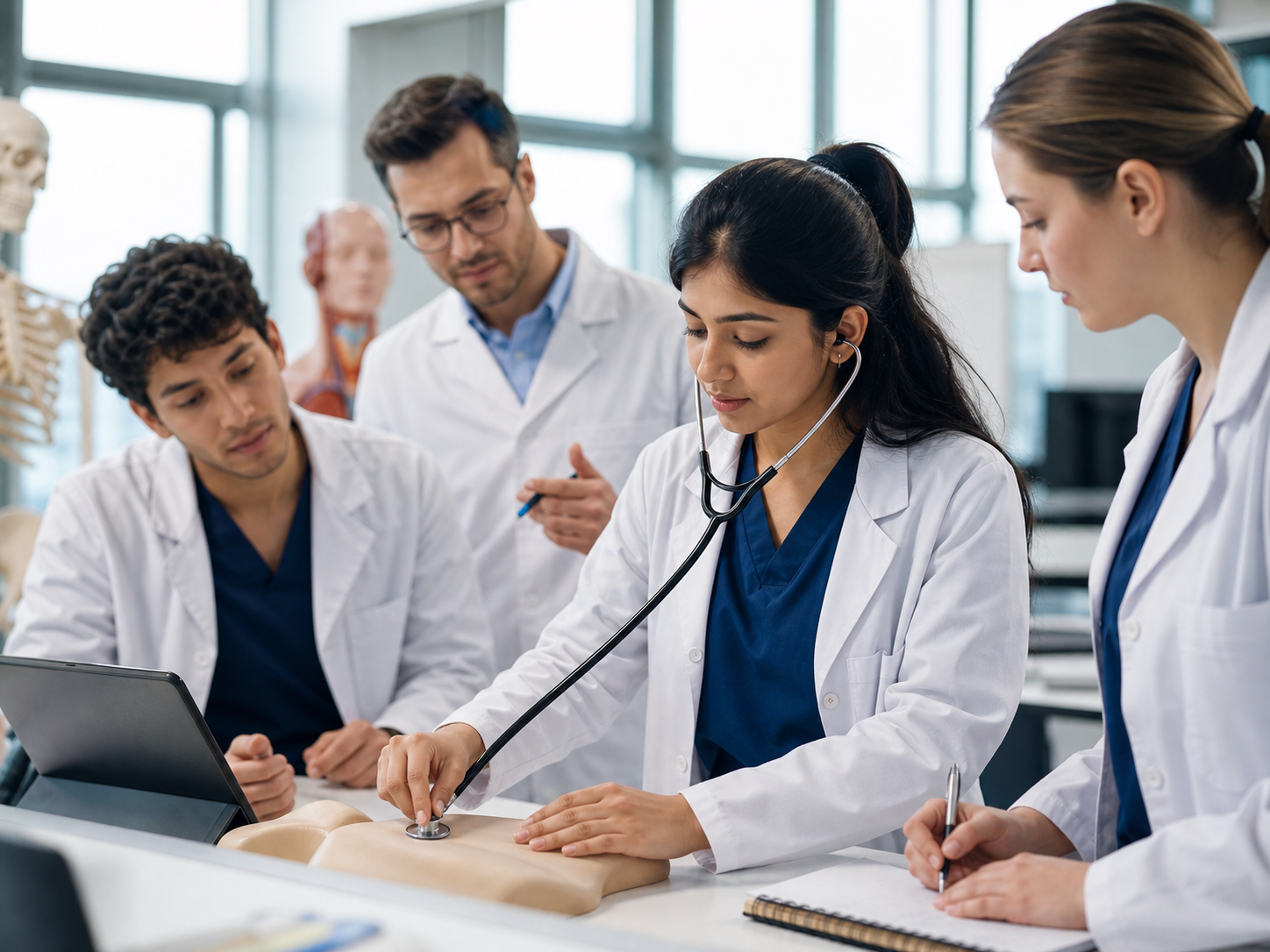 Medical students practising clinical examination skills in a university lab