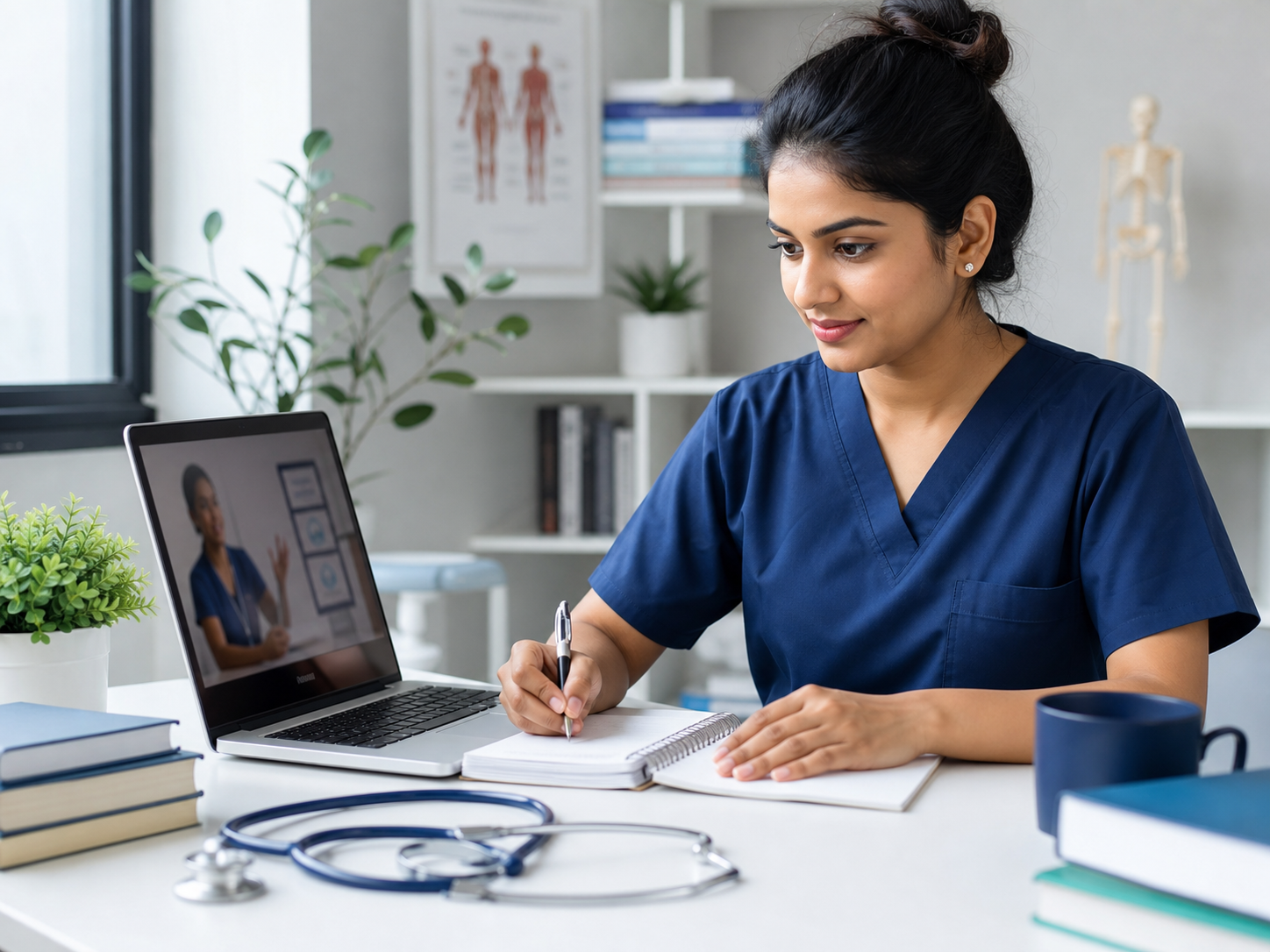 A nurse in scrubs taking an online OET, IELTS and NMC CBT training class on a laptop
