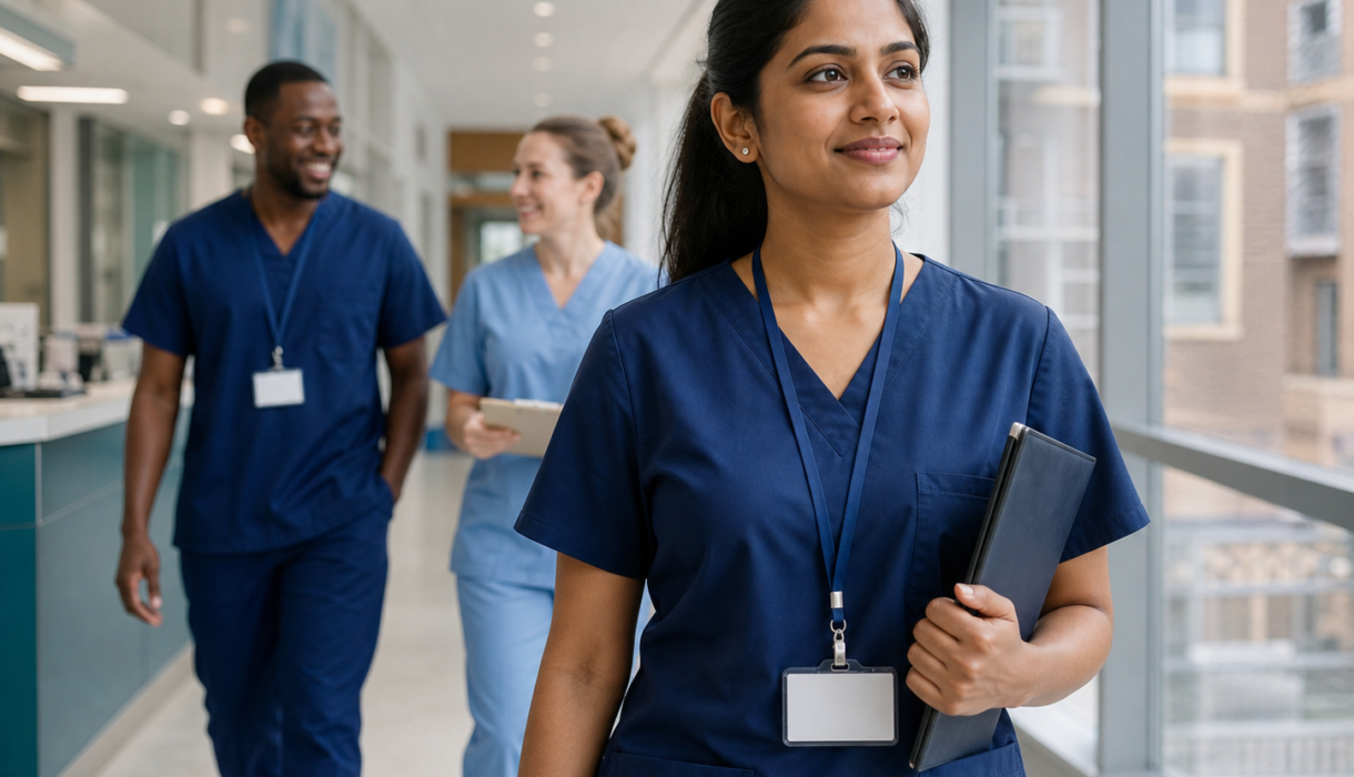 An Indian nurse with an NHS lanyard walking through a UK hospital corridor with colleagues