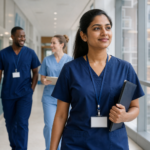 An Indian nurse with an NHS lanyard walking through a UK hospital corridor with colleagues
