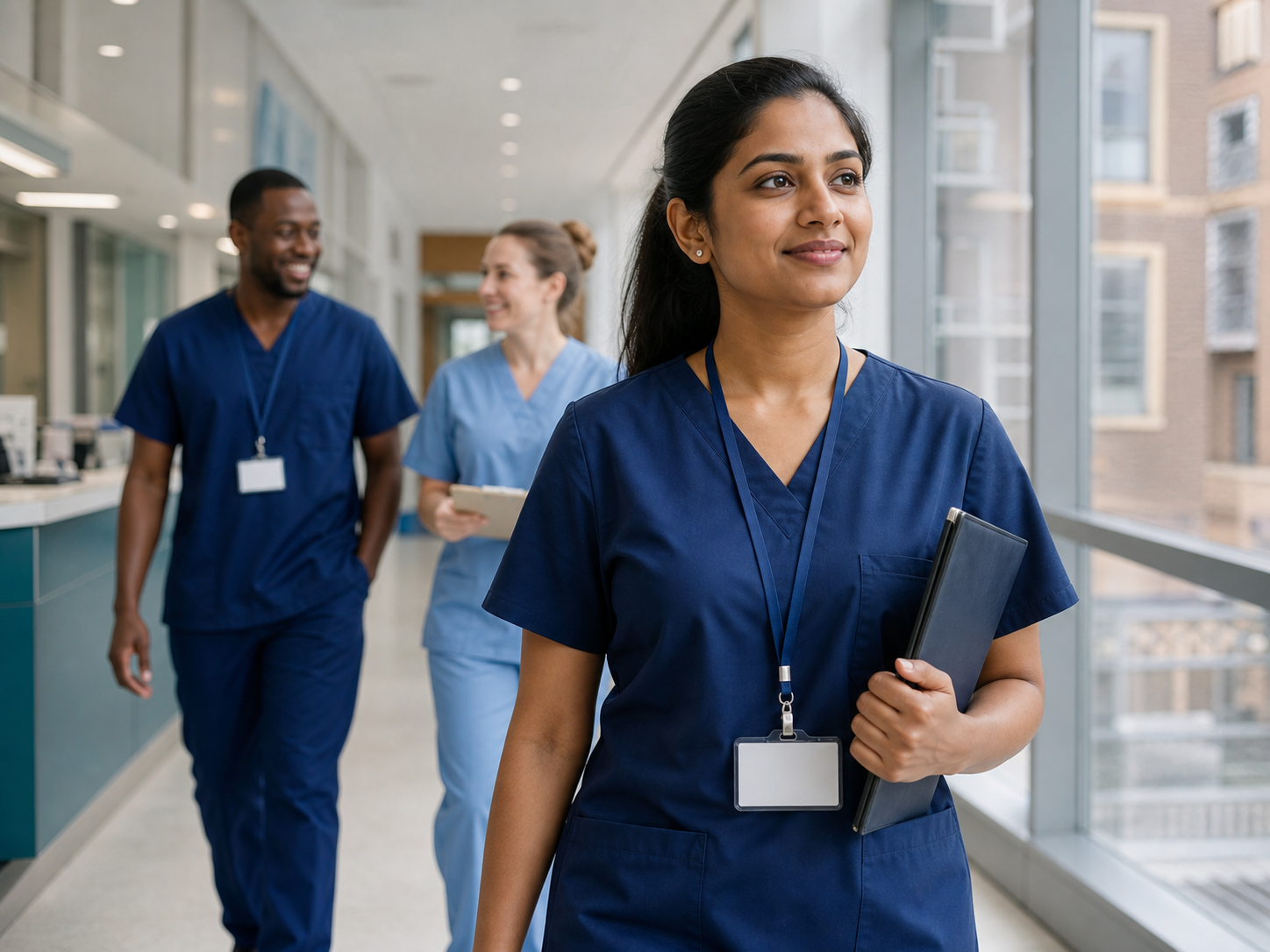 An Indian nurse with an NHS lanyard walking through a UK hospital corridor with colleagues